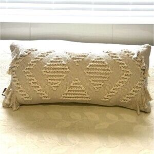 UGG 31 X 14 Cotton Canvas Fringe  Boho Bolster Bed Pillow & Down Feather Insert
